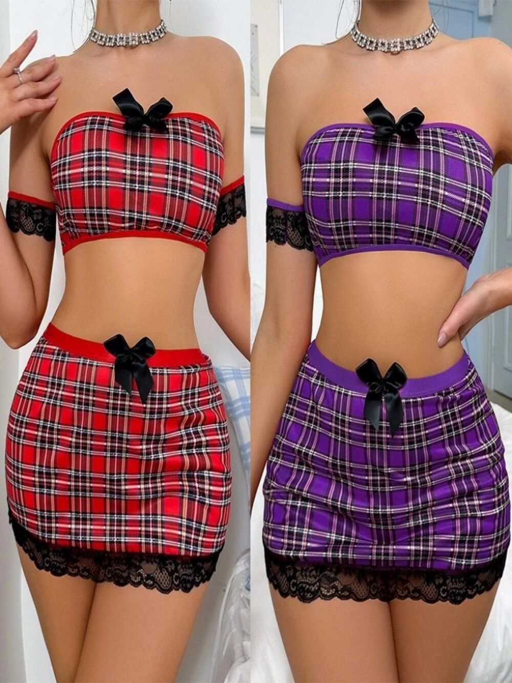 Women Sexy Tempting Hot Short Skirt Bustier Set Babydoll Lingerie Tops Skirt Set - Picture 2 of 9